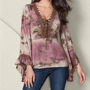 Venus Pink Brown Tie Dye Crochet Lace Boho Bell Sleeve Long Blouse